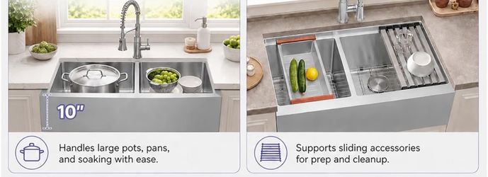 33 in. Farmhouse Apron Front Undermount 50/50 Double Bowl 16 Gauge Stainless Steel Kitchen Sink with Accessories (one stock $165)