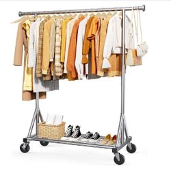 Sakugi Heavy Duty Stainless Steel Rolling Clothes Rack With Mesh Shelf, Lockable Wheels & Anti-Slip Stoppers, Large Capacity Clothing Organizer For Be