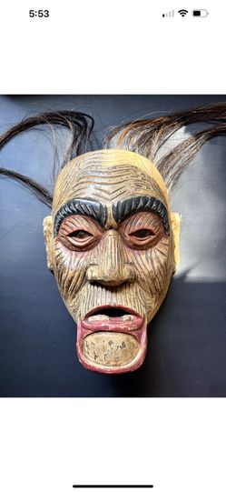 Handmade Wooden Mask with Real Hair - 10" Tall, 7.5" Wide