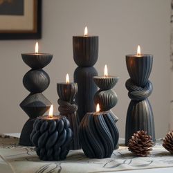 7 Pcs Large Pillar Soy Wax Candles Aesthetic Modern Home Decor Ribbed Set Beautiful Handmade (Black)