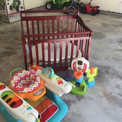 All 3 items: Small Baby bed and seated activity center along with small basketball toy.