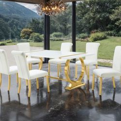 Brand New White & Gold Contemporary Style 7pc Dining Table Set 