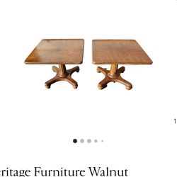 Vintage drexel triune Walnut Bookmatched Top Pedestal Side Tables -Free Delivery