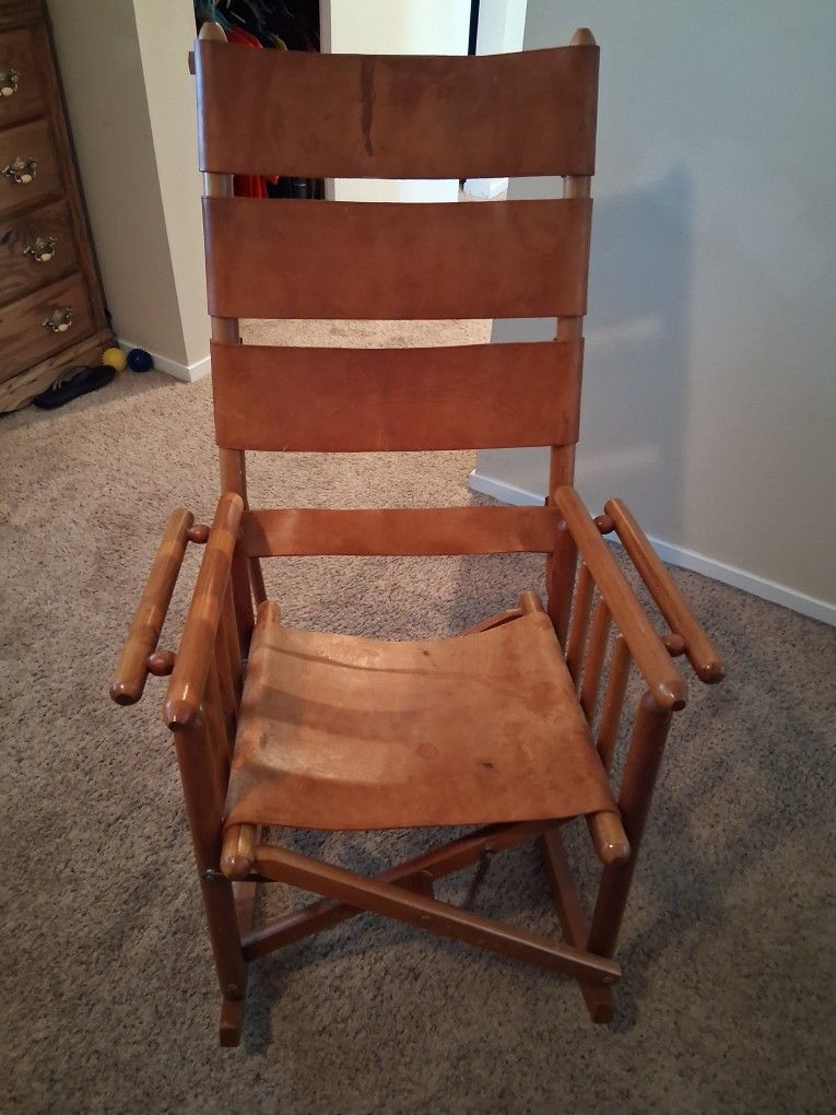 Costa Rican Campaign Style Teak Brown Leather Folding Rocker Rocking Chair With Foot Stool