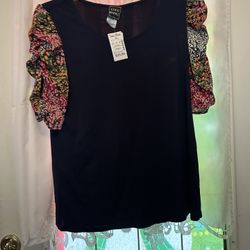 Coco Bianco Navy Shirt with Mulit Color Sleeves, sz L NWT