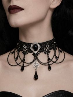 Handmade Dark Romance Black Lace Choker with Crystal Beads, Flower Charm & Rhinestones