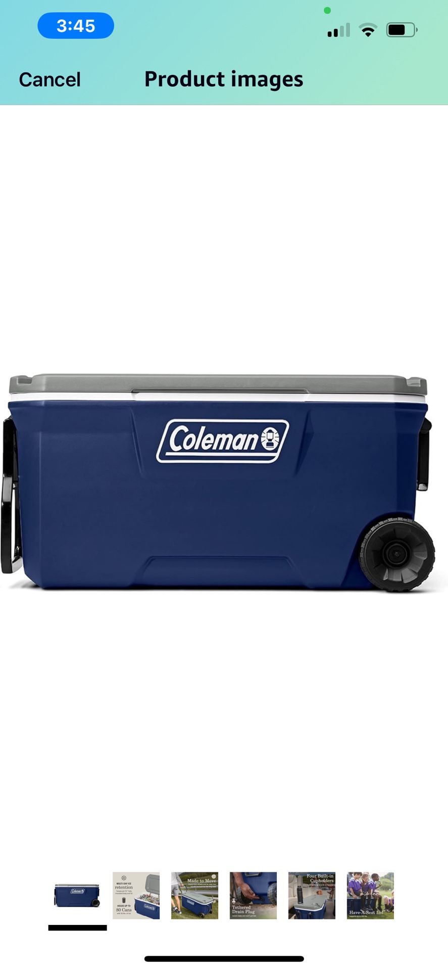 Coleman 316 Series 62QT Lakeside Blue Hard Chest Wheeled Cooler; Backyard, Camping, Beach, Tailgate