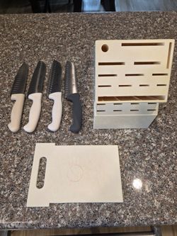 Kitchen knives, block, and cutting board
