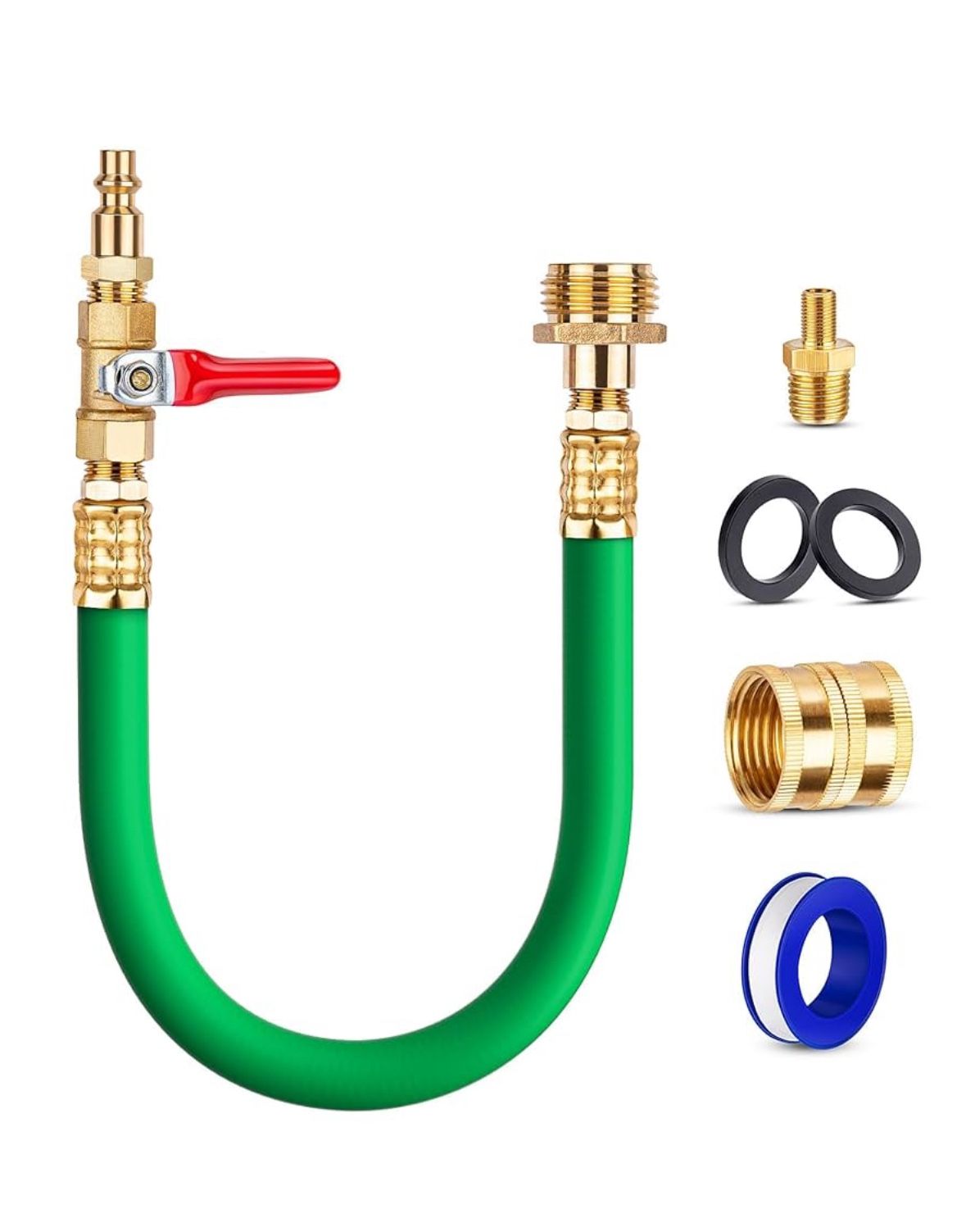 Brass RV Winterizing Kit with Schrader Valve Blow Out Plug, 17 Inch Garden Hose with 3/4" GHT Adaptor & 1/4" NPT Quick Connect Plug, Sprinkler Blowout