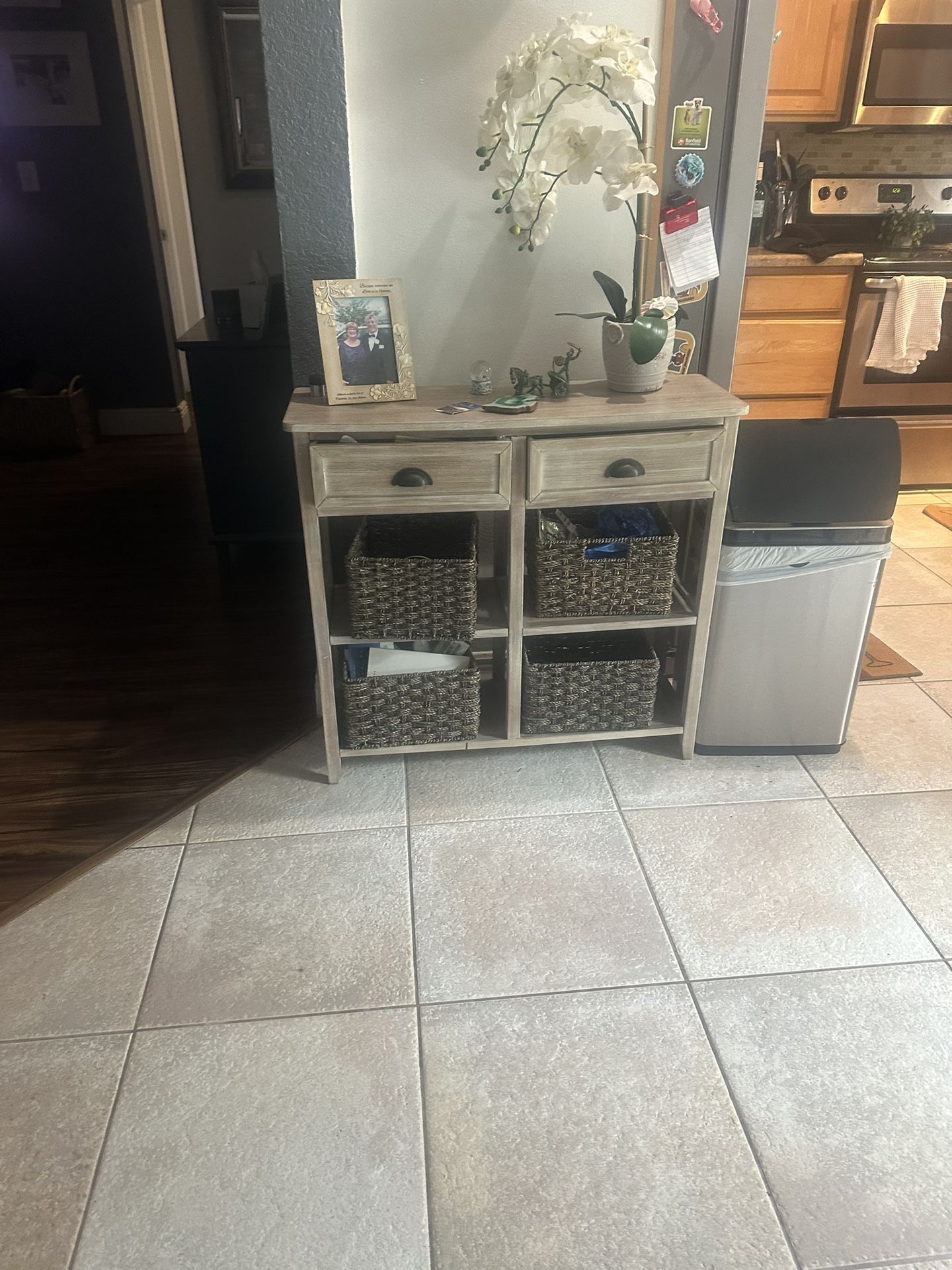 Kitchen Hutch W 2 Drawers And ; Wicker Storage Bins