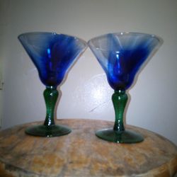 Libbey Martini Glasses Cobalt Swirl With Emerald Green Stem