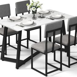 Dining Table Set for 4, 47.27" Faux Marble Kitchen Table with 4 Upholstered Dining Chairs, Modern Dining Room Set for Apartment & Dining Room (Silver 