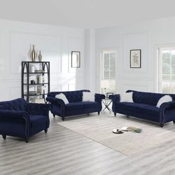 Brand New Super Plush Blue Velvet 3pc Sofa Set