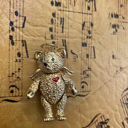 Batvy 1990 Gold Tone Articulated Halo Angel Bear Brooch Pendant, Signed 
