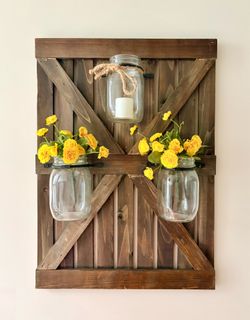 Rustic Farmhouse Mason Jar Wall Planter | Wooden Barn Door Wall Vase | Hanging Flower & Herb Organiz