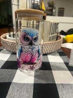 3 Different Owl design Glass cup with bamboo lid and straw