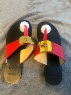Tory Burch sandals red strap +badge