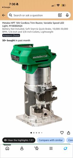 Metabo HPT 18V Cordless Trim Router, Variable Speed LED Light, M1808DAQ4