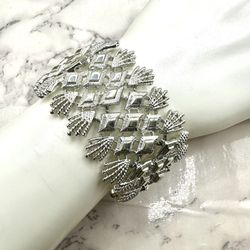 Vintage Coro Silver Tone Diamond Pattern Wide Bracelet 