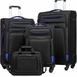 NEW - Luggage 4 Piece Set Suitcase TSA Lock Spinner Softshell lightweight(black+blue)