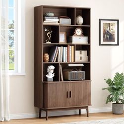 71" Tall 8-Cube Storage Bookshelf, 35.4" Wide Mid-Century Modern Bookcase with Sliding Door Storage Cabinet, Freestanding Bookshelf with Solid Wood Fe