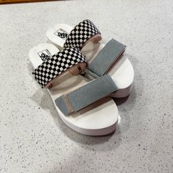 Vans Cayucas Slide Mega Platform Sandals Shoes Checker Denim Women Size 8 EUC