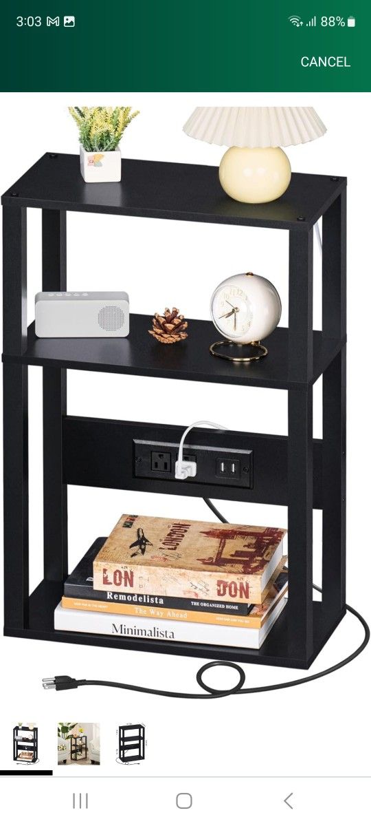 3-Tier Small Narrow Wood Side Table with Charging Station, Skinny Nightstand for Small Space, Slim Bedside Table with Storage for Couch, Thin End Tabl