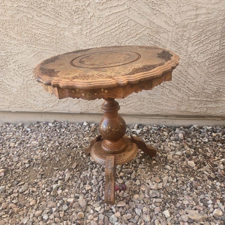 Vintage Hand Carved Wood Table – Brass Inlay – $100 (Buckeye)