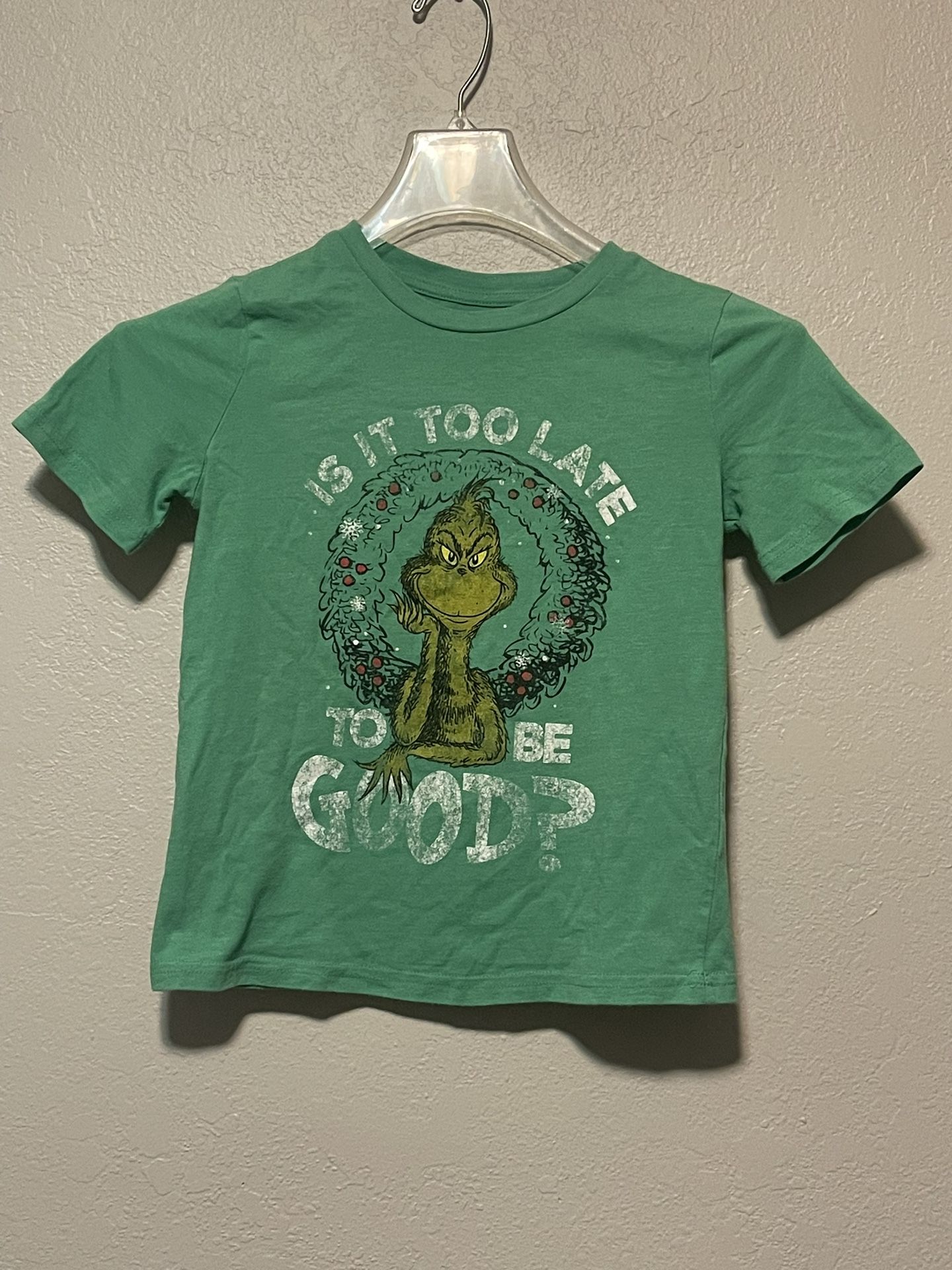 Dr. Seuss The Grinch, Boys Green Is it too late to be good Christmas Shirt Size7