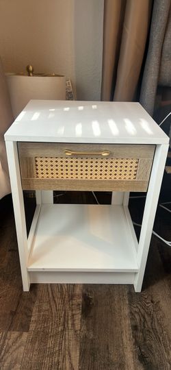 White Rattan Nightstand with Drawer