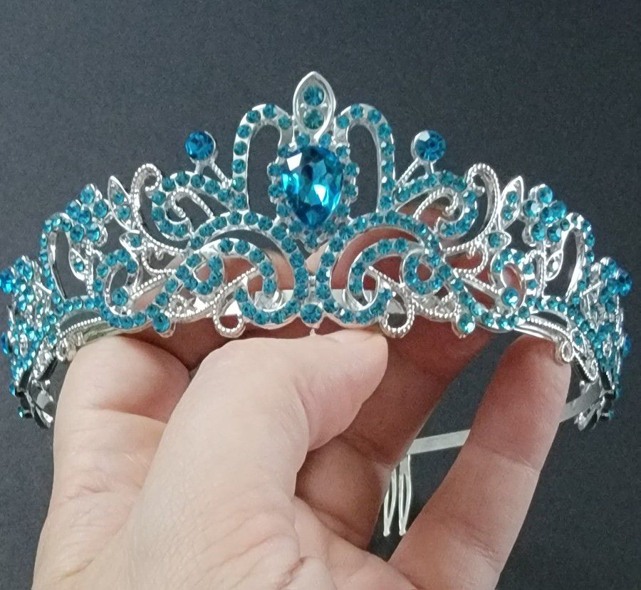 Silver-toned Headband Style Tiara With Blue Rhinestone Filigree 