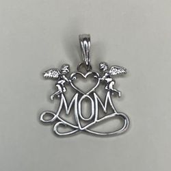 14k White Gold “Mom” Pendant Charm with Heart and Angels or Cherubs