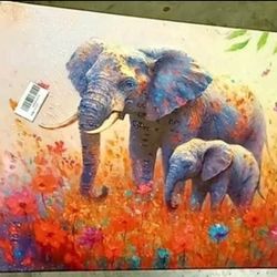 Funny Elephant Canvas Wall Art Colorful Flowers, 16”x24”