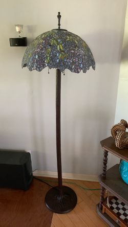 Vtg Tiffany Style Stained Glass Floor Lamp Blue Floral 3 Light 64”