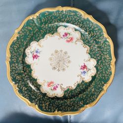 RW Bavaria 8in Plate Vintage Green  And Gold With Floral Accents