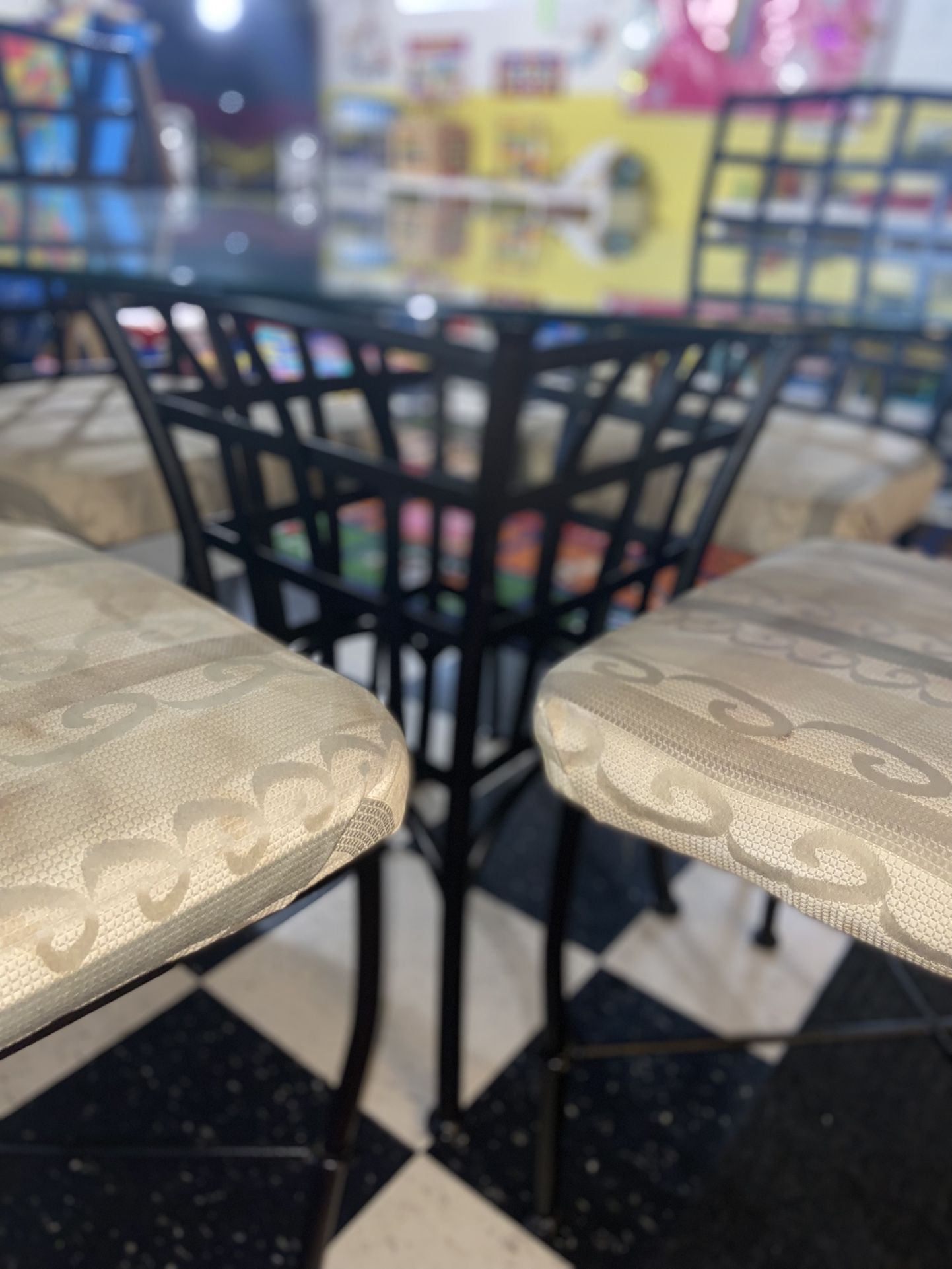 A Small Kitchen Or Dining 5 Pcs Set. A Iron Glass Table With 4 Sturdy Chairs . Like New