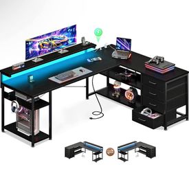 Black/Grey 61” L-Shaped Desk w/ Drawer, Power Outlets & LED Lights – Reversible Computer Desk