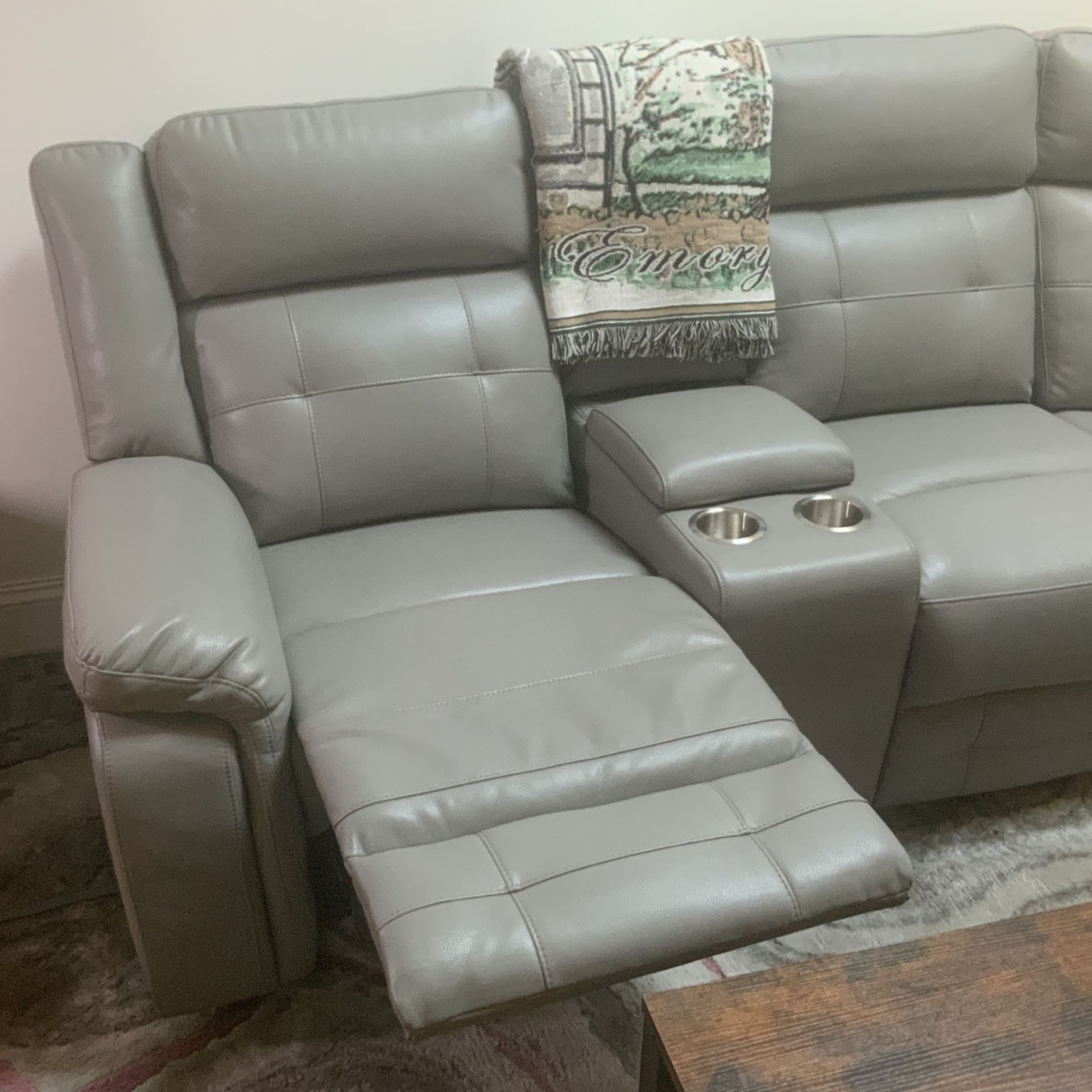 Luxury Light Grey Leather Sectional Couch With Reclining Chairs On