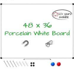 XBoard Porcelain Magnetic Dry Erase Board 48 x 36 Inch, Porcelain Whiteboard with Aluminium Frame & Marker Tray 4' x 3' | Wall Mounted Magnetic White 