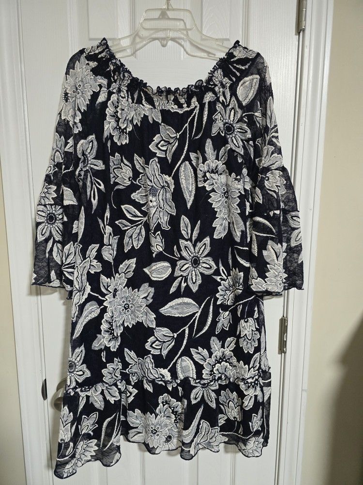 Westport Black & White Floral Off-Shoulder Dress (Size Large) 