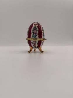 Egg Shaped Pink & Gold Ceramic 3 Legged Hinged Jewelry Trinket Box