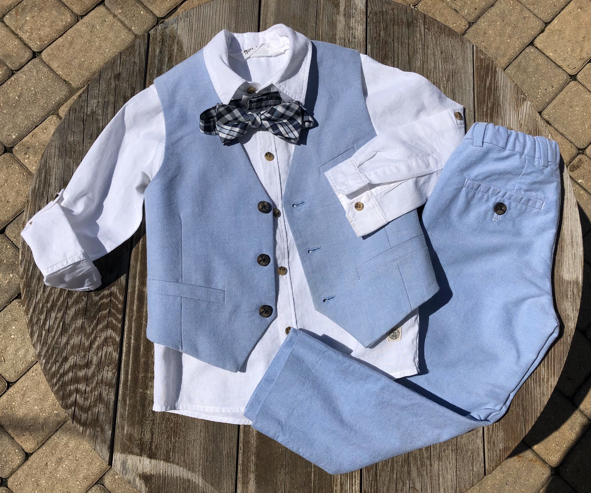 H&M4pcBoysOutfitSize~4,100%cottonLightBluePants,Vest.WhiteShirt,bow tie