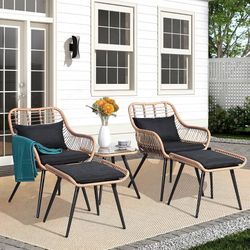1637c  5 Piece Outdoor Patio Furniture Set, PE Rattan Wicker Small Patio Conversation Set Porch Furniture, Cushioned Patio Chairs with Ottomans and Si