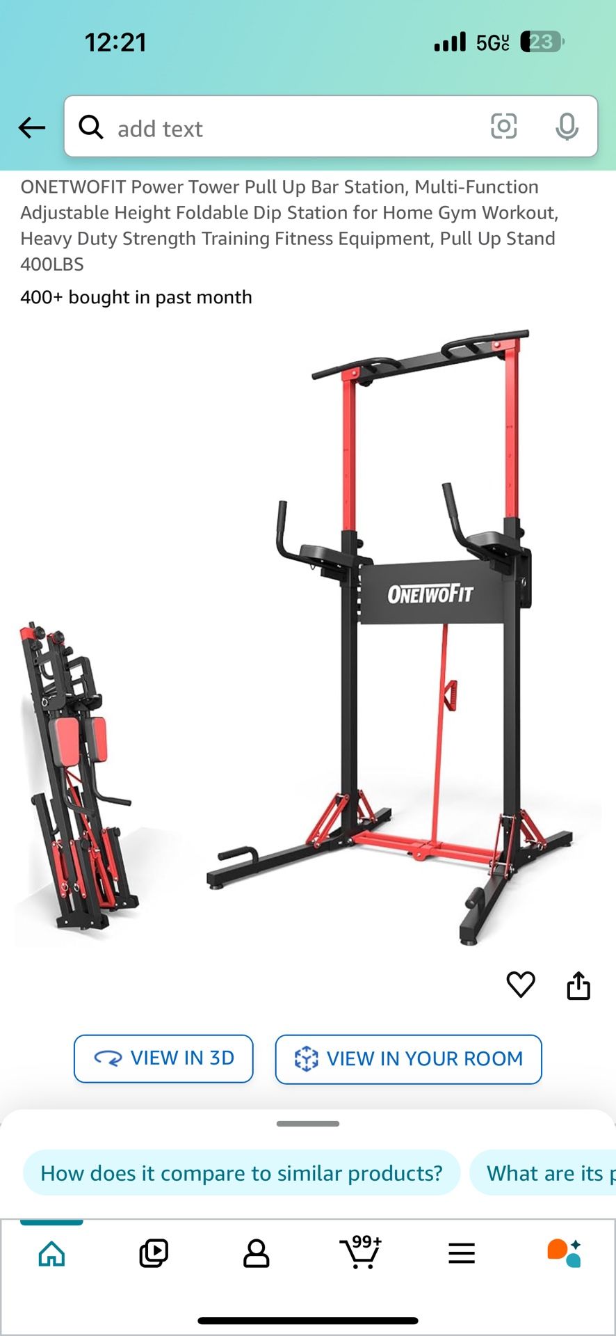 ONETWOFIT Power Tower Pull Up Bar Station, Multi-Function Adjustable Height Foldable Dip Station for Home Gym Workout, Heavy Duty Strength Training Fi