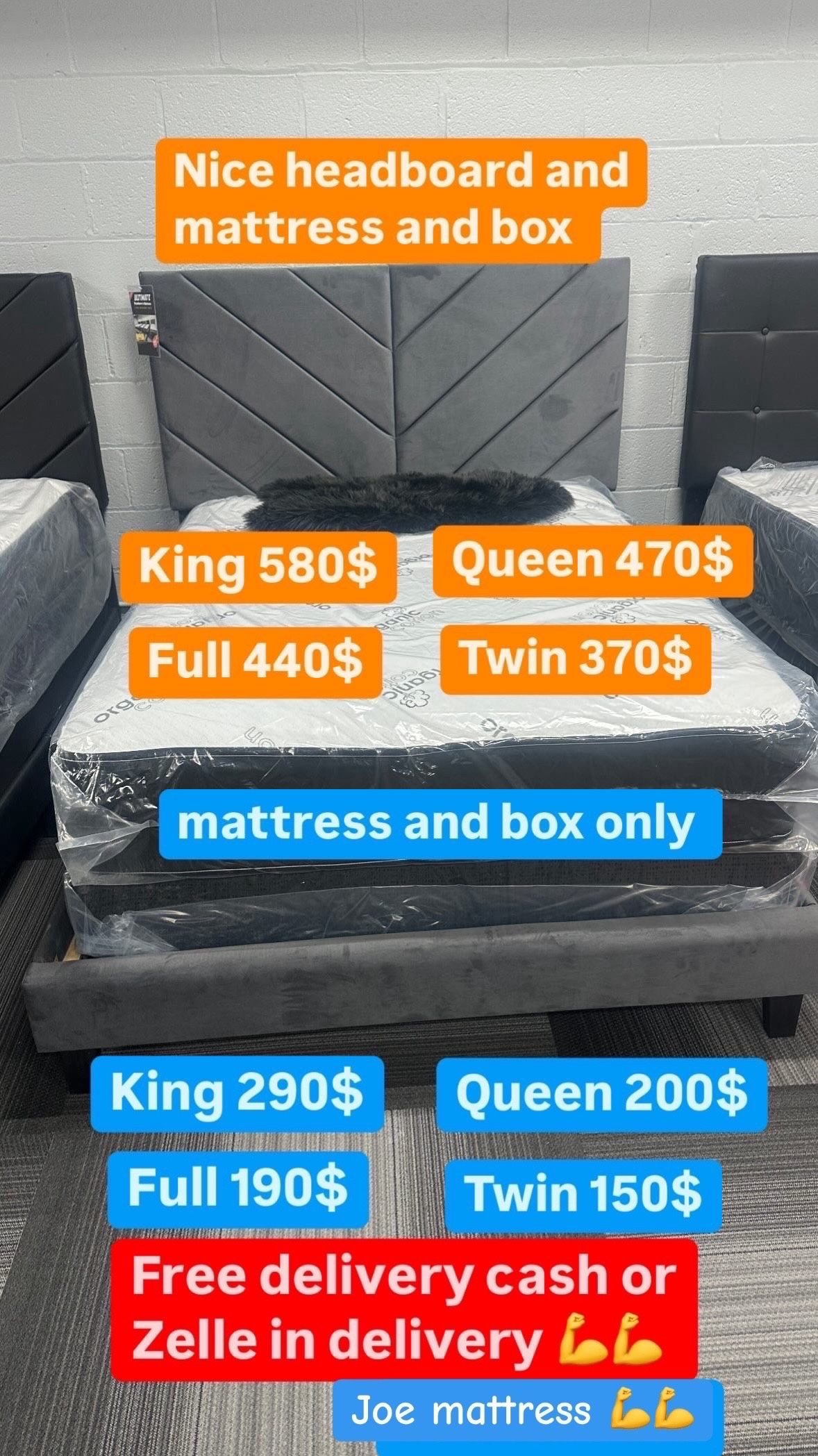 Huge sale for Mattress And Box Twin size mattress and box 150.$ full 190$ Queen 200$ king 290$. Mattress And Box and frame and headboard. King 580$ Qu