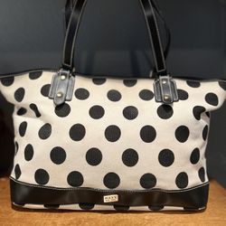 Maxx New York Ashlyn Belltown Polka Dot Canvas And Leather Satchel Handbag Shoulder Bag Tote 