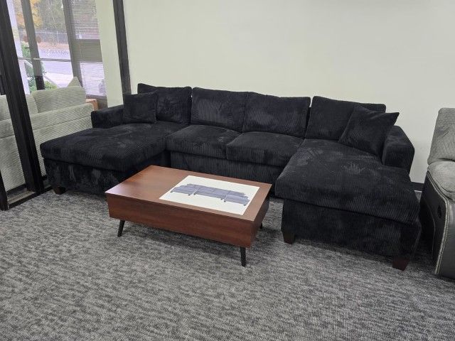 Brand New Upholstered Jumbo Corduroy U Shape Double Chaise Black Sectional Sofa