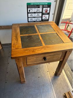 Mission Style Oak End Table with Slate Tile Top and Drawer