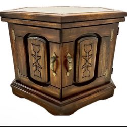 Original Vintage MCM Mid Century Modern End table / Nightstand Accent Hex / Hexagon Cabinet Antique Art Hand Carving Solid Wood