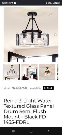3-Light Water Textured Glass Panel Drum Semi Flush Mount - Black